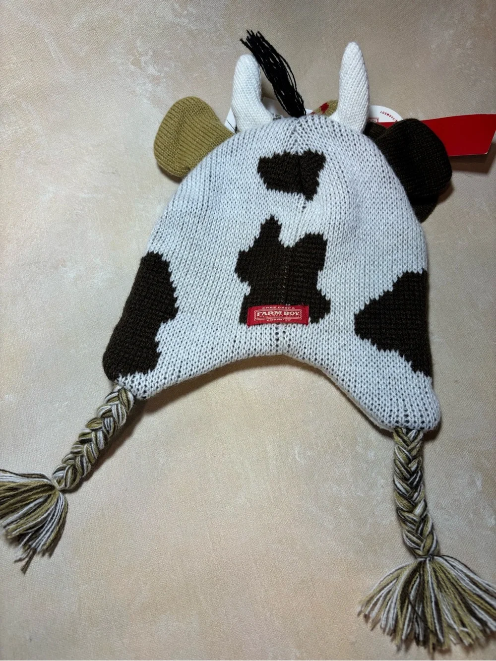 Toddler Cow Knit Earflap Hat with Braided Tassels & mittens, NWT
